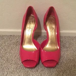 Jessica Simpson Pink Patent Leather Peep Toe Pumps